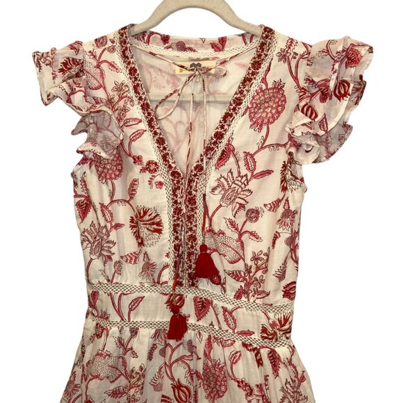 nibi-mtk red white toile floral print flutter sleeve Bohemian Beach Dress XS - Picture 6 of 6